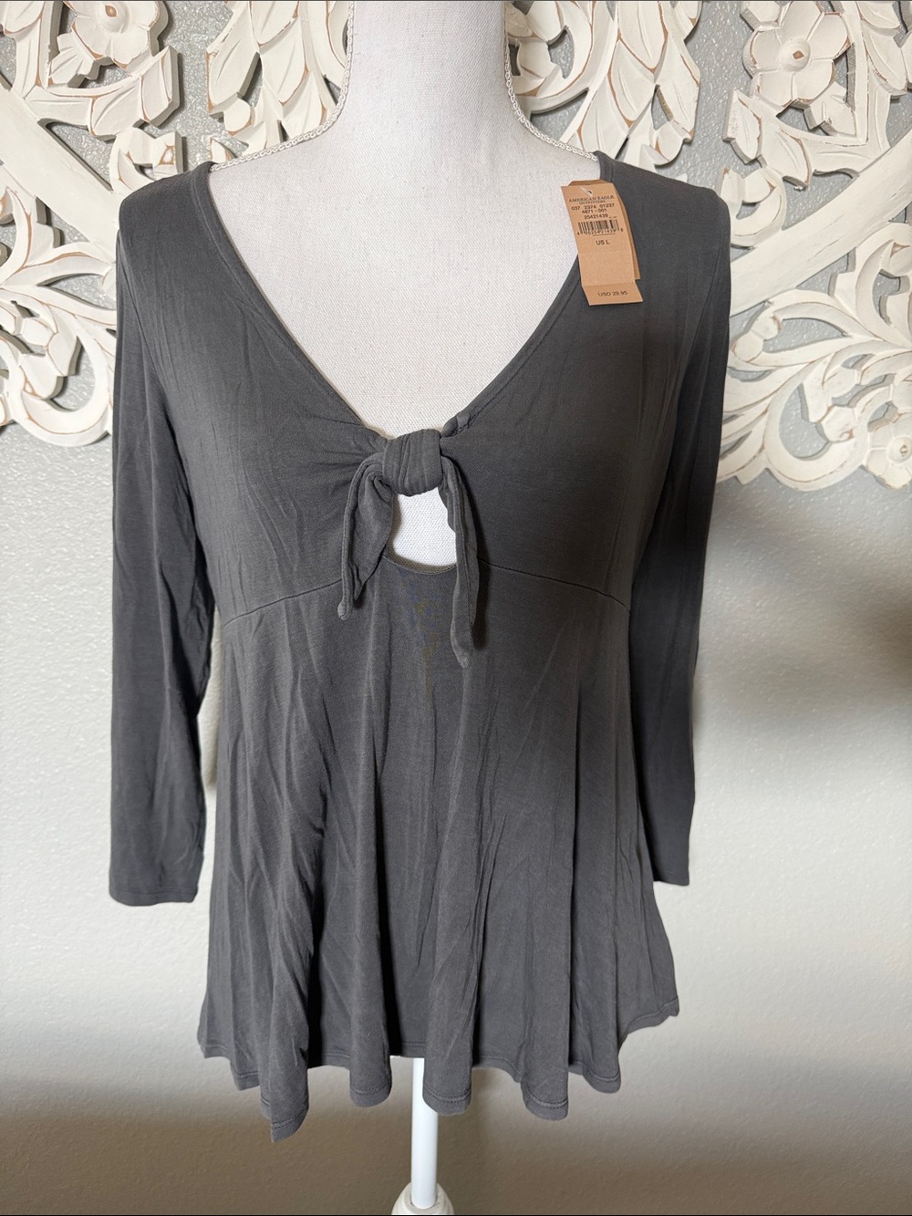 American Eagle Outfitters Charcoal Gray Tie-Front Long Sleeve Tunic NWT
